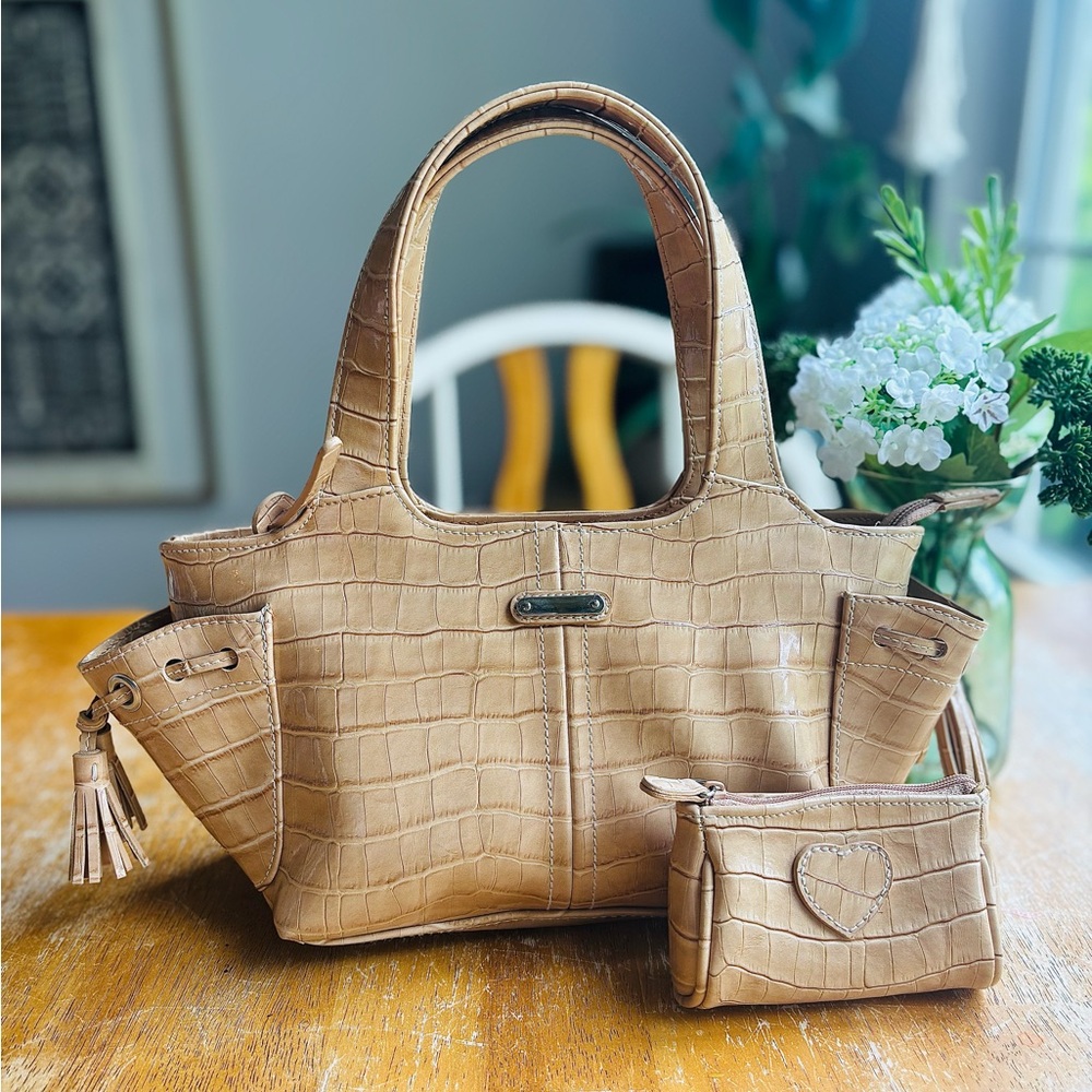 Tan Crocodile-Embossed Shoulder Bag with Tassels and matching zipper pouch